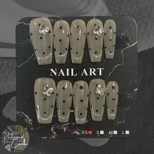 Translucent White and Black Polka Dot Long Coffin Nails - Size Extra Small (XS)
